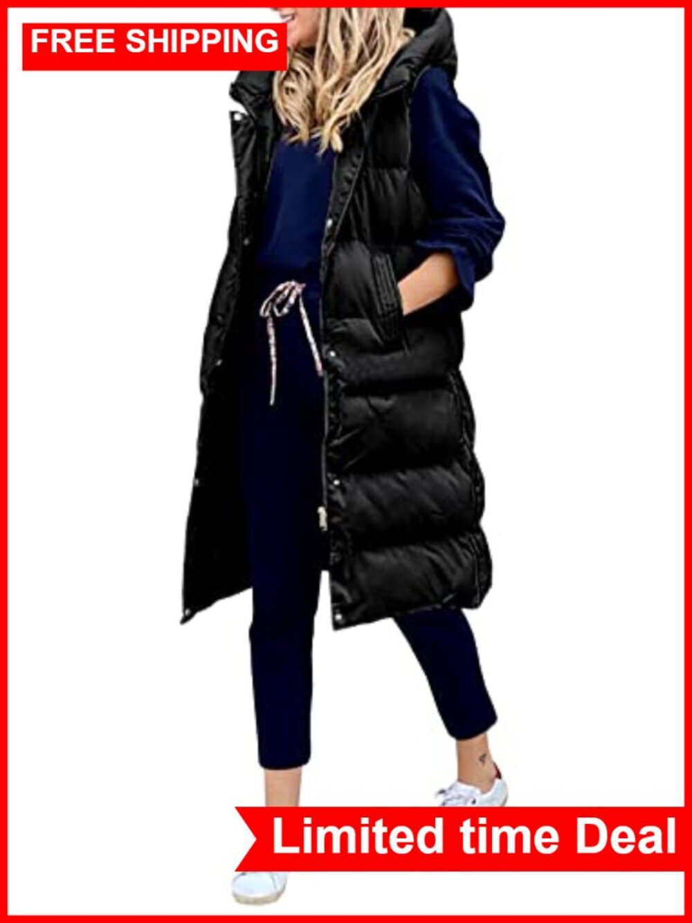 Womens Hooded Long Down Puffer Vest Full Zip Sleeveless Winter Coat